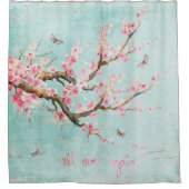 Pink Pastel  Spring Bird Cherry Blossom Douchegordijn (Voorkant)