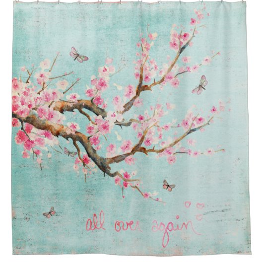 Pink Pastel  Spring Bird Cherry Blossom Douchegordijn (Voorkant)