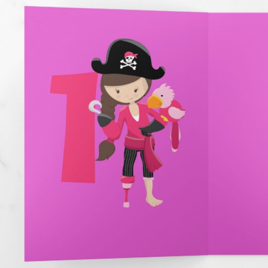 Pink Pastle Glitter Pirate Girl 1ste verjaardag Drieluik Kaart (Binnenzijde eerst)