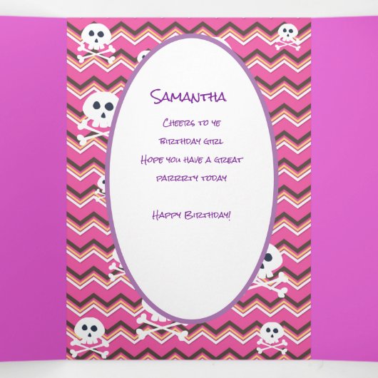 Pink Pastle Glitter Pirate Girl 1ste verjaardag Drieluik Kaart (Binnenkant midden)