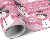 Pink Patterned Sneeuwman Cadeaupapier (Rol Hoek)