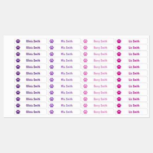 Pink Paw Print Personalized Kids Name Labels (Vel)