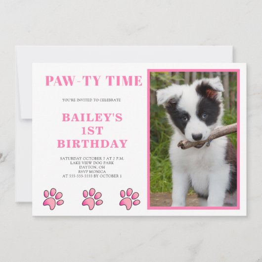 Pink Pawty Time Dog Birthday Kaart (Voorkant)