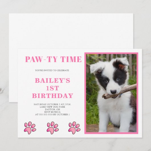 Pink Pawty Time Dog Birthday Kaart (Voorkant / Achterkant)