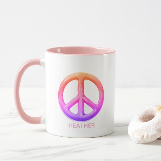 Pink Peace Hot Beverage Mug Custom Name Fun Gift  Mok (Met donut)