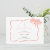 Pink Peach Bow doopuitnodiging Kaart (Staand voorkant)