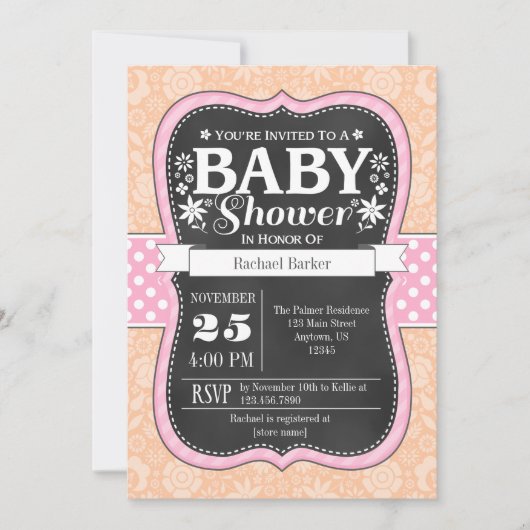 Pink Peach Chalkboard Floral Baby shower Invite Kaart (Voorkant)