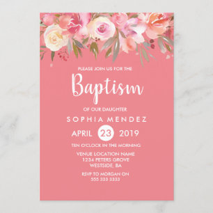Pink Peach Coral Waterverf Baptisme Invite Kaart