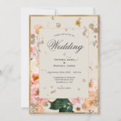 Pink Peach Floral Elegant Gold Wedding Kaart (Voorkant)