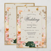 Pink Peach Floral Elegant Gold Wedding Kaart (Voorkant / Achterkant)