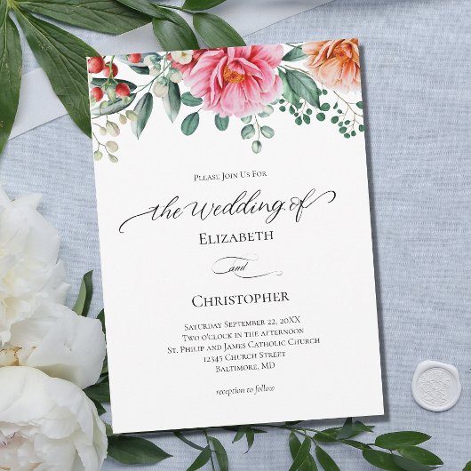 Pink Peach Floral Greenery Calligraphy Wedding Kaart