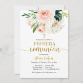 Pink Peach Floral Primera comunión Kaart (Voorkant)