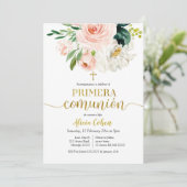 Pink Peach Floral Primera comunión Kaart (Staand voorkant)