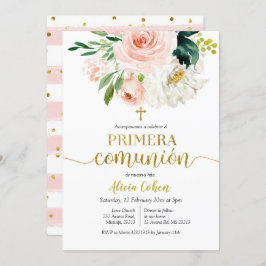 Pink Peach Floral Primera comunión Kaart