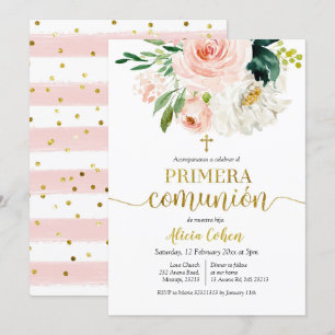 Pink Peach Floral Primera comunión Kaart