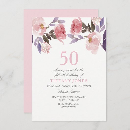 Pink Peach Floral Waterverf 50th Birthday Invite Kaart (Voorkant / Achterkant)