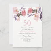 Pink Peach Floral Waterverf 50th Birthday Invite Kaart (Voorkant)