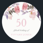 Pink Peach Floral Waterverf 50th Birthday Ronde Sticker<br><div class="desc">Pink Peach Floral Waterverf 50th Birthday Stickers Zie bijbehorend collectie hieronder - Uitnodiging Napels enz.</div>