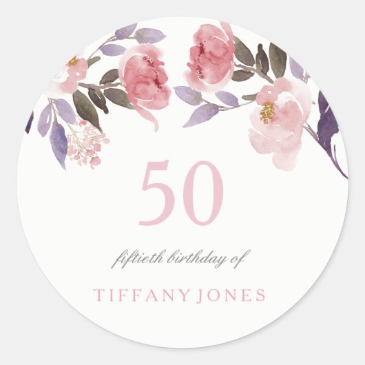 Pink Peach Floral Waterverf 50th Birthday Ronde Sticker (Voorkant)