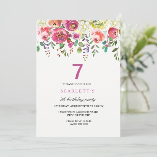 Pink Peach Flowers 7th Birthday Party Invitation Kaart (Staand voorkant)