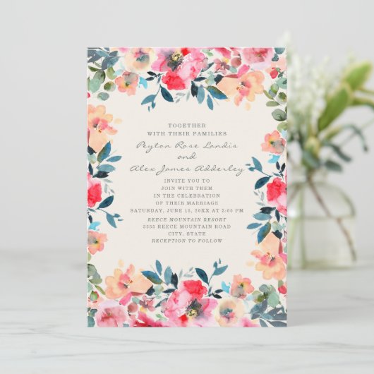 Pink Peach Ivory Spring Floral Wedding Kaart (Staand voorkant)