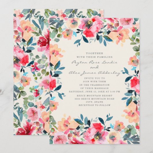 Pink Peach Ivory Spring Floral Wedding Kaart (Voorkant / Achterkant)