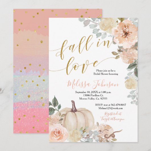 Pink Peach Pumpkin Herfst in Love Invitation Kaart (Voorkant / Achterkant)