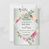 Pink Peach Roses Rustic Green Geometric Save The Date (Voorkant)