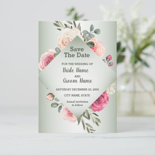 Pink Peach Roses Rustic Green Geometric Save The Date (Staand voorkant)