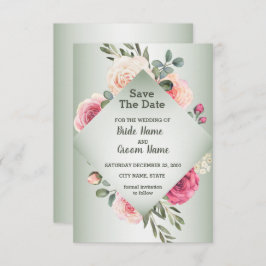 Pink Peach Roses Rustic Green Geometric Save The Date