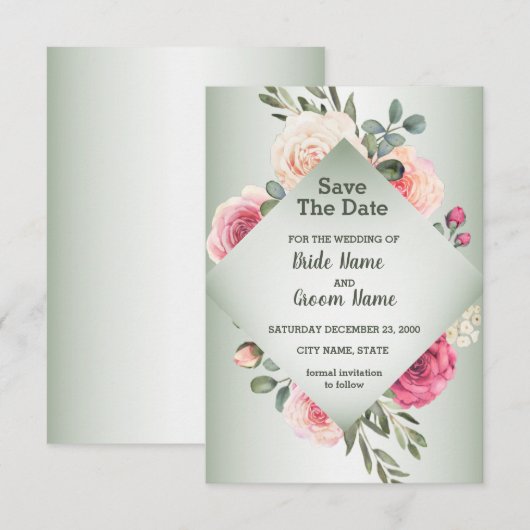 Pink Peach Roses Rustic Green Geometric Save The Date (Voorkant / Achterkant)