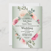 Pink Peach Roses Rustic Green Geometric Wedding Kaart (Voorkant)