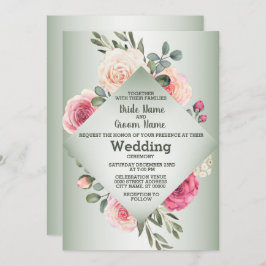 Pink Peach Roses Rustic Green Geometric Wedding Kaart