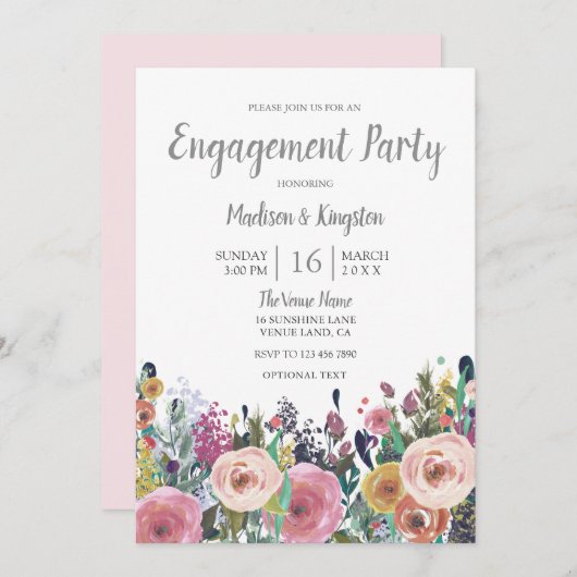 Pink Peach Tropisch Floral Engagement Party nodigt Kaart (Voorkant / Achterkant)