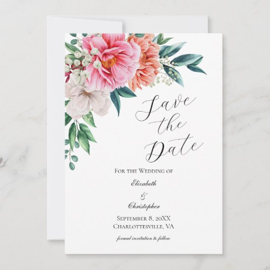 Pink Peach White Floral Peony Elegant Wedding Save The Date (Voorkant)
