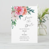 Pink Peach White Floral Peony Elegant Wedding Save The Date (Staand voorkant)