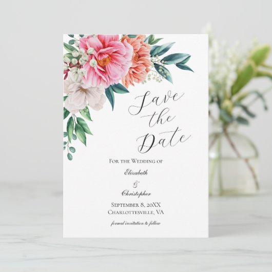 Pink Peach White Floral Peony Elegant Wedding Save The Date (Staand voorkant)