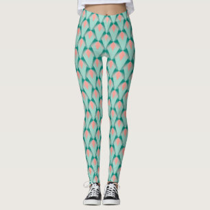 Pink Peach Yukka en Green Art Deco Pattern Leggings
