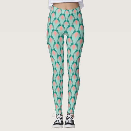 Pink Peach Yukka en Green Art Deco Pattern Leggings (Voorkant)