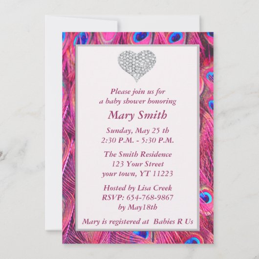Pink Peacock Diamond Heart Baby shower Uitnodiging (Achterkant)