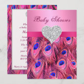 Pink Peacock Diamond Heart Baby shower Uitnodiging (Voorkant / Achterkant)