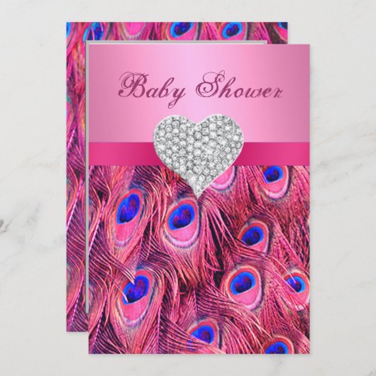 Pink Peacock Diamond Heart Baby shower Uitnodiging (Voorkant / Achterkant)