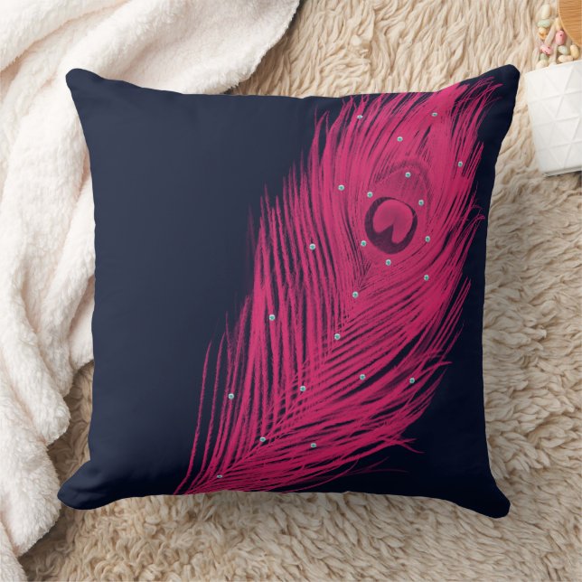 Pink Peacock Feather Navy bijna zwart Kussen (Deken)