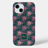 Pink Peacock Feathers en Monogram op Deep Green Case-Mate iPhone Case (Achterkant)