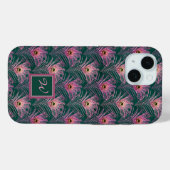 Pink Peacock Feathers en Monogram op Deep Green Case-Mate iPhone Case (Achterkant (horizontaal))