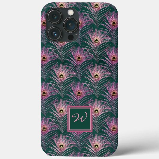 Pink Peacock Feathers en Monogram op Deep Green Case-Mate iPhone Case (Achterkant)