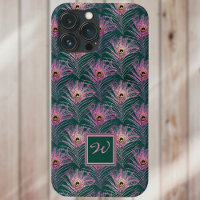Pink Peacock Feathers en Monogram op Deep Green