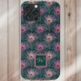 Pink Peacock Feathers en Monogram op Deep Green Case-Mate iPhone Case