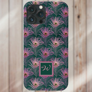 Pink Peacock Feathers en Monogram op Deep Green Case-Mate iPhone Case