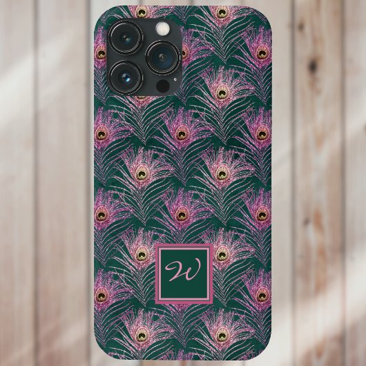 Pink Peacock Feathers en Monogram op Deep Green Case-Mate iPhone Case